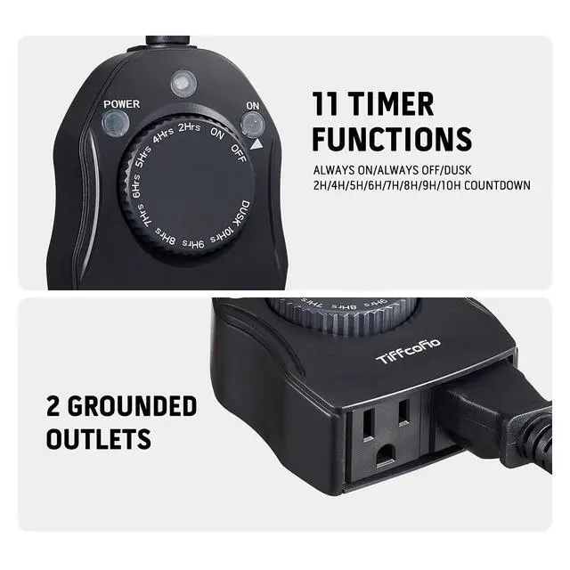 Alt view image 2 of 7 - Outdoor Timer Outlet, Dusk to Dawn Light Sensor Timer Weatherproof, 2 Grounded Outlets for Halloween and Christmas Lights, 15A 1/2HP, ETL Listed
