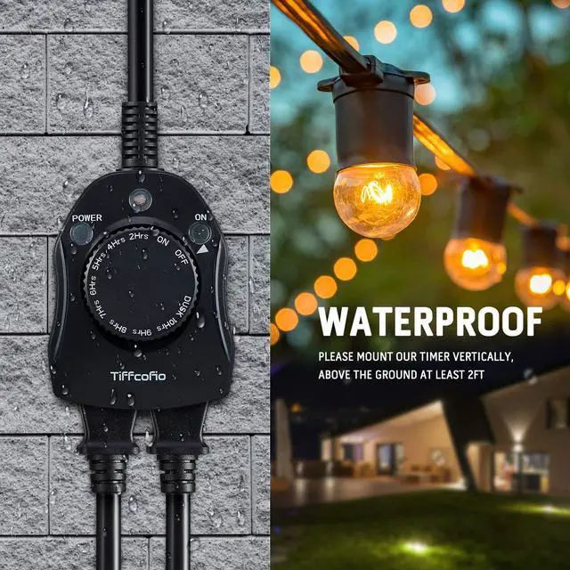 Alt view image 4 of 7 - Outdoor Timer Outlet, Dusk to Dawn Light Sensor Timer Weatherproof, 2 Grounded Outlets for Halloween and Christmas Lights, 15A 1/2HP, ETL Listed