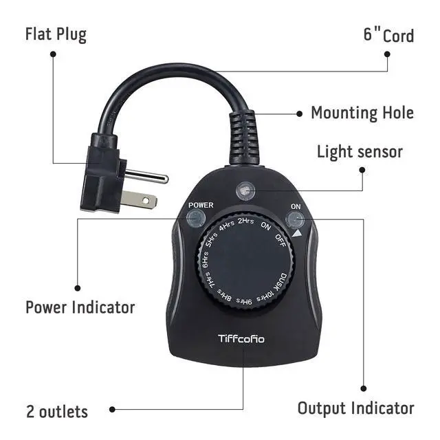Alt view image 7 of 7 - Outdoor Timer Outlet, Dusk to Dawn Light Sensor Timer Weatherproof, 2 Grounded Outlets for Halloween and Christmas Lights, 15A 1/2HP, ETL Listed