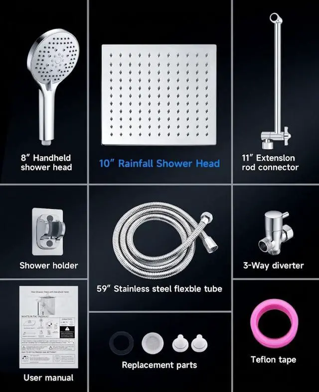 Alt view image 7 of 7 - 10 Inch Rainfall Shower Head with Handheld Combo and Extension Arm | Large rainfall shower head set with handheld sprayer, 11 inch adjustable arm, 59 inch hose, standard 1/2 inch wall connection