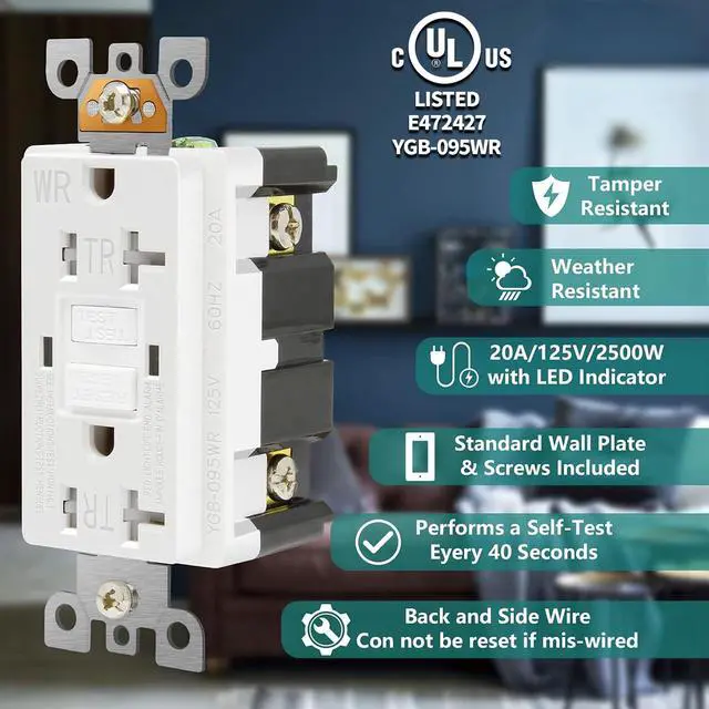 Alt view image 2 of 7 - GFCI Outlet 20 Amp, UL Listed, LED Indicator, Tamper-Resistant, Weather Resistant Receptacle Indoor or Outdoor Use with Decor Wall Plates and Screws
