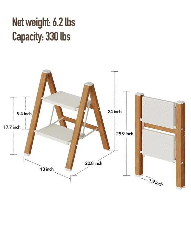 Alt view image 2 of 7 - 2 Step Stool Foldable, Aluminum, Lightweight Step Ladder | Extra-wide anti-slip folding steps with 330 lbs, for home,kitchen,office,outdoor,White & Woodgrain