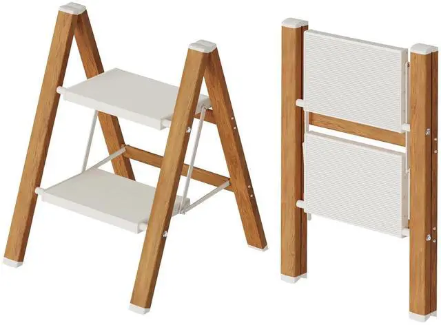 Main image of 2 Step Stool Foldable, Aluminum, Lightweight Step Ladder | Extra-wide anti-slip folding steps with 330 lbs, for home,kitchen,office,outdoor,White & Woodgrain