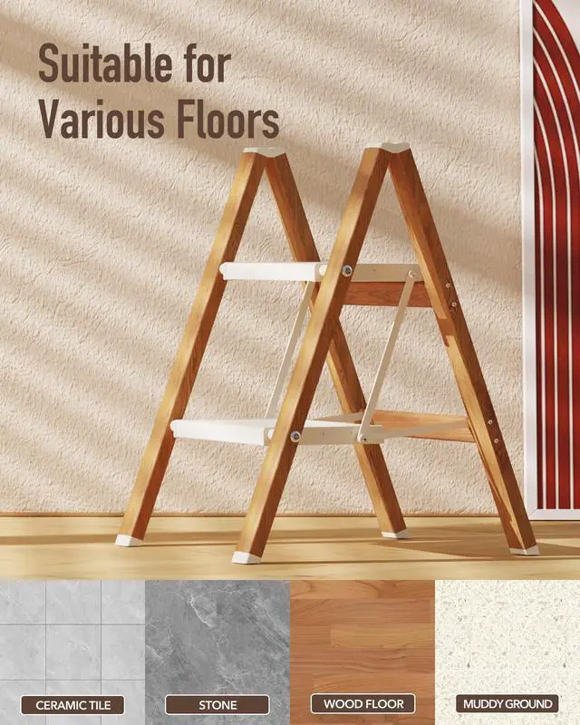 Alt view image 5 of 7 - 2 Step Stool Foldable, Aluminum, Lightweight Step Ladder | Extra-wide anti-slip folding steps with 330 lbs, for home,kitchen,office,outdoor,White & Woodgrain