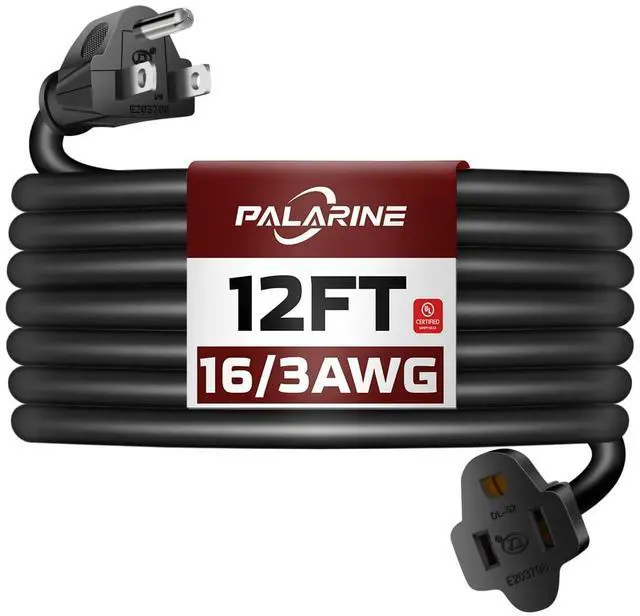 Main image of 12 Ft Black Outdoor Extension Cord, 16 Gauge Heavy Duty Power Cord | 16/3 SJTW Cable, 3 Prong Grounded Plug, 13A Rated, Flexible Outdoor Use, Ideal for Garage, Garden and Appliances