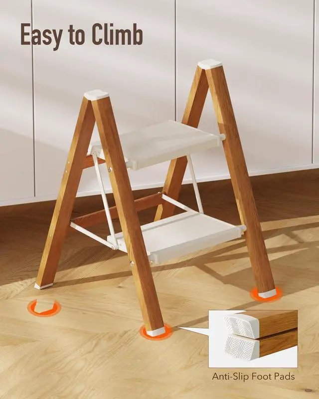 Alt view image 6 of 7 - 2 Step Stool Foldable, Aluminum, Lightweight Step Ladder | Extra-wide anti-slip folding steps with 330 lbs, for home,kitchen,office,outdoor,White & Woodgrain