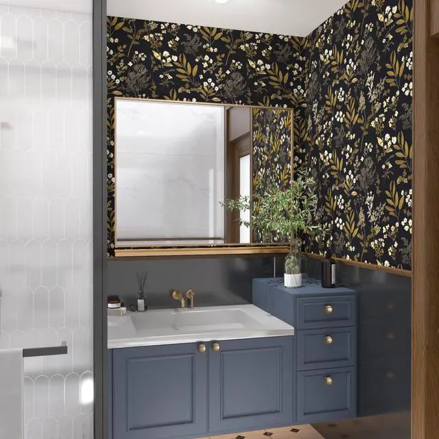Alt view image 3 of 7 - Vintage Floral Peel and Stick Wallpaper 17.5"x 393", Gold Black | Self Adhesive/Removable/Waterproof/Thick Vinyl Contact Paper for Bathroom Bedroom Shelf Cabinet Drawer,Prepasted,Easy Peel