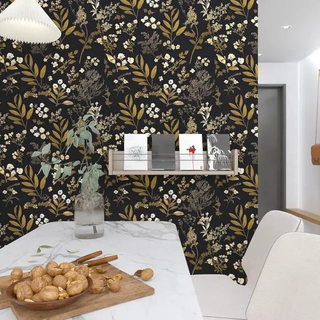 Alt view image 6 of 7 - Vintage Floral Peel and Stick Wallpaper 17.5"x 393", Gold Black | Self Adhesive/Removable/Waterproof/Thick Vinyl Contact Paper for Bathroom Bedroom Shelf Cabinet Drawer,Prepasted,Easy Peel