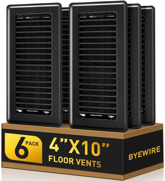 Main image of Floor Register 4x10, Floor Vent Covers for Home Floor, Sidewall, Heavy Duty Steel Walkable Floor Grates, Adjustable Air Vent Covers Rust Proof Finish, 4" x 10'' Floor Vent, 6 Pack, Black