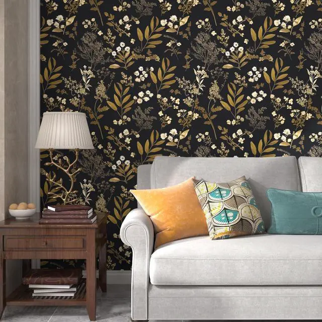 Alt view image 4 of 7 - Vintage Floral Peel and Stick Wallpaper 17.5"x 393", Gold Black | Self Adhesive/Removable/Waterproof/Thick Vinyl Contact Paper for Bathroom Bedroom Shelf Cabinet Drawer,Prepasted,Easy Peel