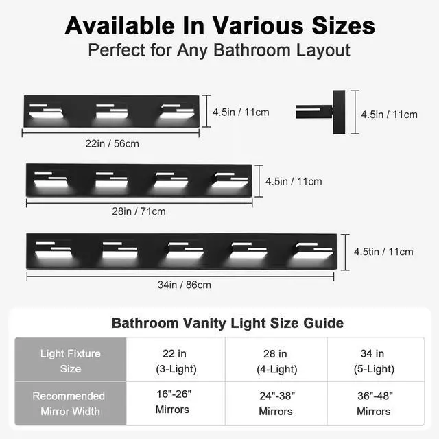 Alt view image 6 of 7 - LED Modern Bathroom Vanity Light Fixtures, Dimmable Matte Black Vanity Lights for Bathroom Lighting Fixtures Over Mirror, with 360° Rotatable Acrylic Heads 3-Light 22-inch (Cool White 6000K)