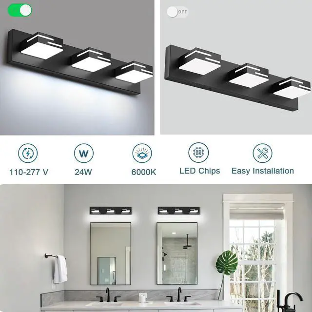 Alt view image 4 of 7 - LED Modern Bathroom Vanity Light Fixtures, Dimmable Matte Black Vanity Lights for Bathroom Lighting Fixtures Over Mirror, with 360° Rotatable Acrylic Heads 3-Light 22-inch (Cool White 6000K)