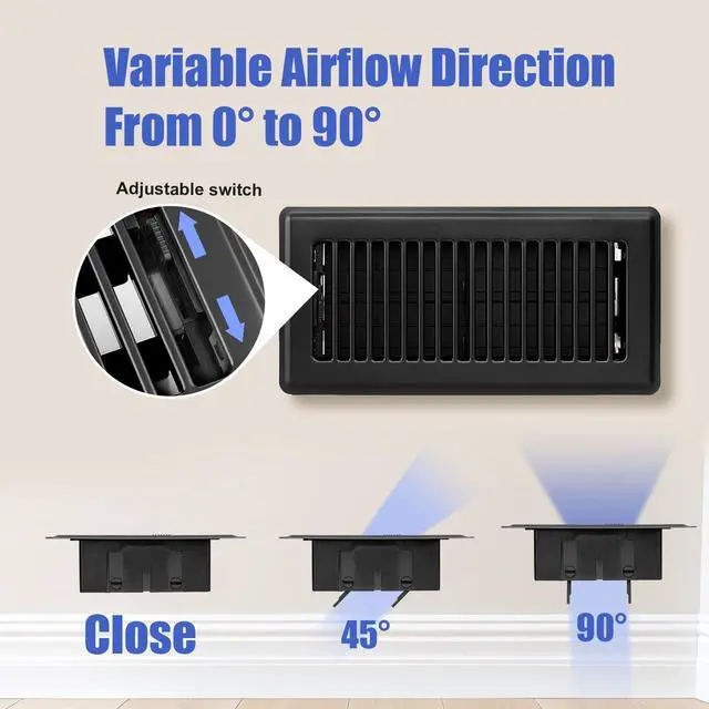 Alt view image 2 of 7 - Floor Register 4x10, Floor Vent Covers for Home Floor, Sidewall, Heavy Duty Steel Walkable Floor Grates, Adjustable Air Vent Covers Rust Proof Finish, 4" x 10'' Floor Vent, 6 Pack, Black