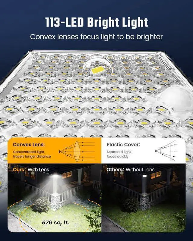 Alt view image 3 of 7 - Solar Outside Lights with 113 Bright LEDs 7000K with 16ft Cable | 2 Pack, 3 Modes Motion Sensor Outdoor Flood Lights Dusk to Dawn, IP65 Waterproof, Security for Garden Barn Porch Patio