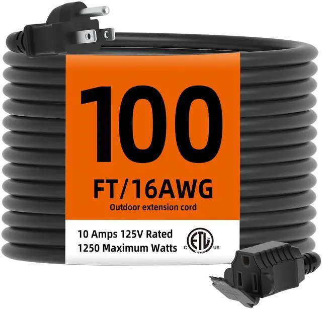 Main image of Indoor Outdoor Extension Cord Waterproof, 100 Feet 3 Prong Power Cord for Home and Garden, 16 AWG, 10A/1250W, ETL Listed