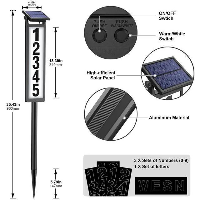 Alt view image 5 of 7 - Solar Lighted Illuminated Address Sign, House Numbers for Outside Yard Home | LED Numbers Plaque Outdoor Waterproof Aluminum, Black