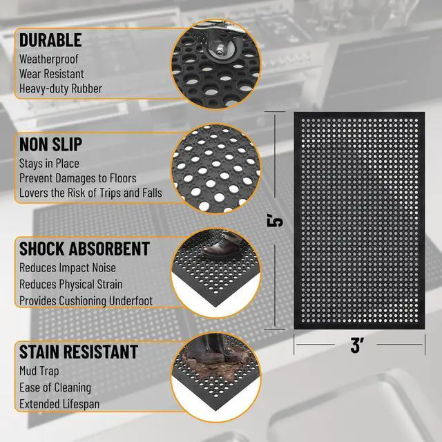 Alt view image 3 of 7 - Heavy Duty Rubber Floor Mat Non-Slip, Waterproof, Easy to Clean Anti-Fatigue Mat for Commercial Kitchens, Restaurants, Workshops Oil Resistant, Hose Washable 36" x 60", Black