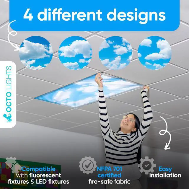 Alt view image 7 of 7 - Fluorescent Light Covers for Ceiling Lights Classroom Magnetic Cloud 4pk | Reduces fluorescent/LED glare and eye strain; Easy magnetic install for classrooms/offices; NFPA 701 fire safety rated
