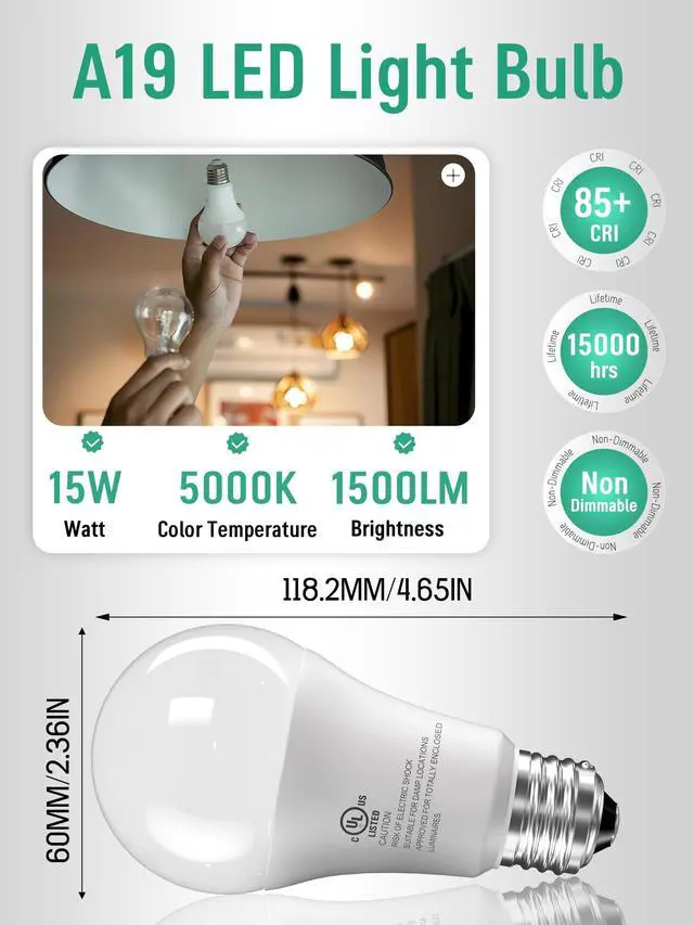 Alt view image 2 of 7 - 12 Pack LED Light Bulbs 100 Watt Equivalent, A19 5000K Daylight White | 15W Super Bright White Light 1500 LM, E26 Standard No Flicker Energy Saving Lamp Bulb for Home, Bedroom, Office, Non-Dimmable