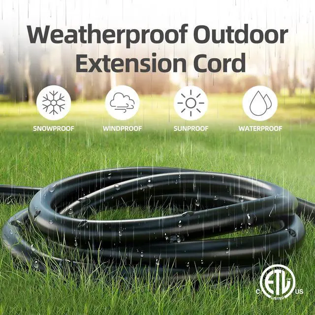 Alt view image 6 of 7 - Indoor Outdoor Extension Cord Waterproof, 100 Feet 3 Prong Power Cord for Home and Garden, 16 AWG, 10A/1250W, ETL Listed