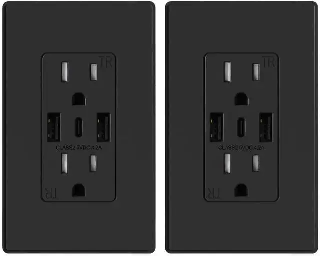 Main image of USB Wall Outlets, 3-Ports Type C Wall Outlets Receptacles, Matte Black 15 Amp Outlets with 3 Ports, TR Tamper-Resistant Outlets, Screwless Wall Plate Included, UL & CUL Listed, 2 Pack