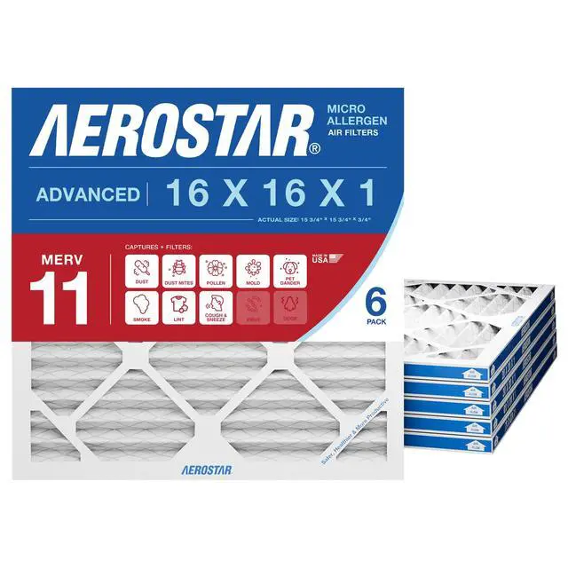 Main image of Air Filter 16x16x1 MERV 11 AC Filter, HVAC, Furnace Filter, 6 Pack | ACTUAL SIZE (15.75 x 15.75 x 0.75) AC Filter, Furnace Filter, Dust, Pet Dander, Smoke & Allergies MERV 11