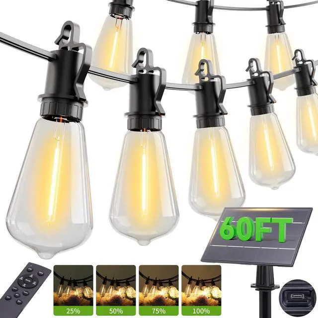 Main image of 60FT Solar String Lights Outdoor Waterproof with Remote,Shatterproof ST38 20 LED Bulbs,2700K Dimmable Solar Lights Outdoor,Outside Hanging Lights for Patio,Garden,Camping,Deck,Backyard Decor