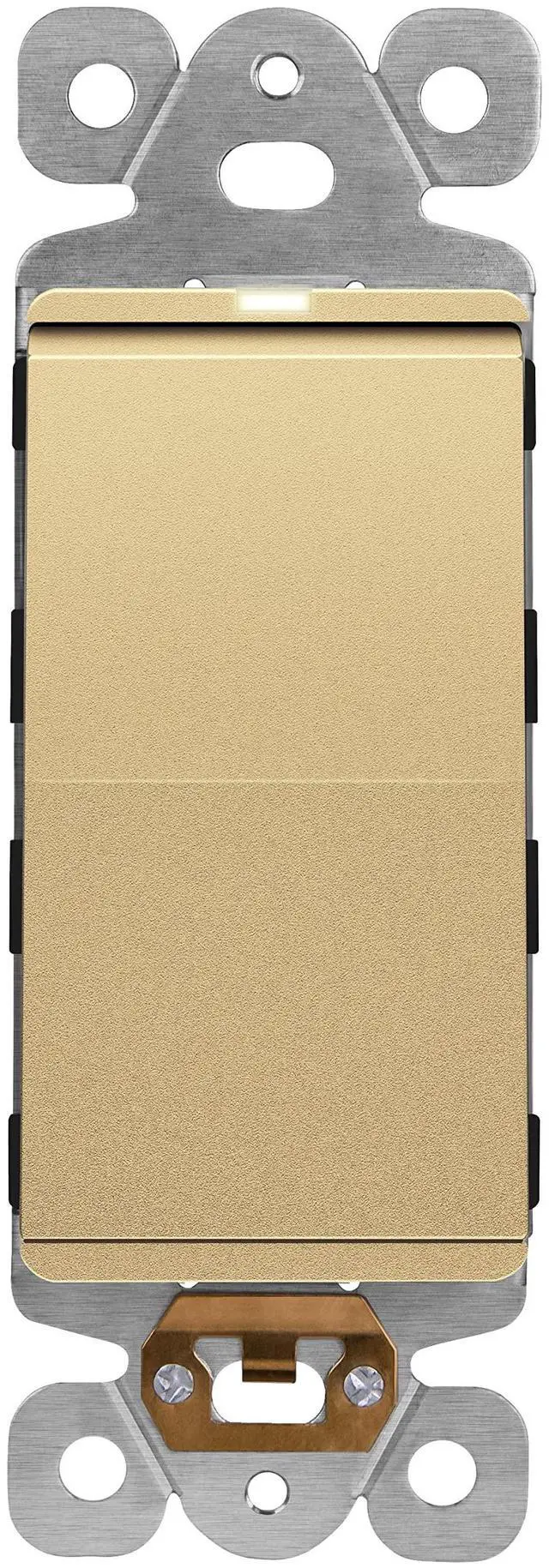 Main image of Lighted Decorator Switch, Frameless Paddle Light Switch, 15A | Locator Light, UL Listed, Matte Gold, Grounding Screw, Polycarbonate Thermoplastic, Guide Light