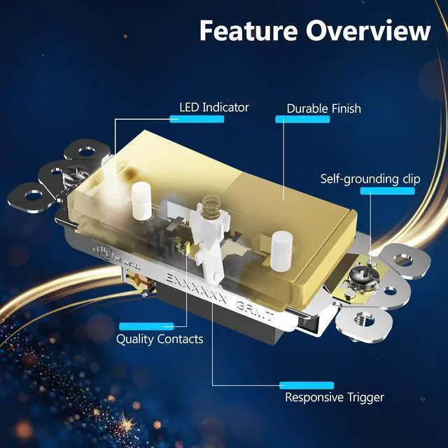 Alt view image 3 of 7 - Lighted Decorator Switch, Frameless Paddle Light Switch, 15A | Locator Light, UL Listed, Matte Gold, Grounding Screw, Polycarbonate Thermoplastic, Guide Light