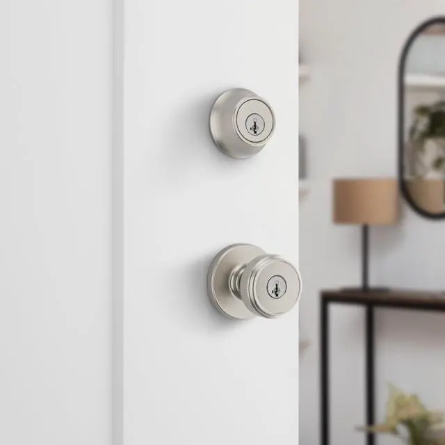 Alt view image 2 of 7 - Maven Front Door Lock Handle and Deadbolt Set, Entry Handleset Round Exterior with Interior Door Knob, Secure Locking Deadbolt, Satin Nickel, with Microban Protection
