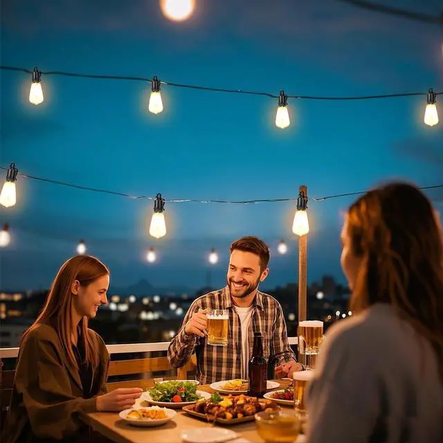 Alt view image 5 of 6 - 60FT Solar String Lights Outdoor Waterproof with Remote,Shatterproof ST38 20 LED Bulbs,2700K Dimmable Solar Lights Outdoor,Outside Hanging Lights for Patio,Garden,Camping,Deck,Backyard Decor