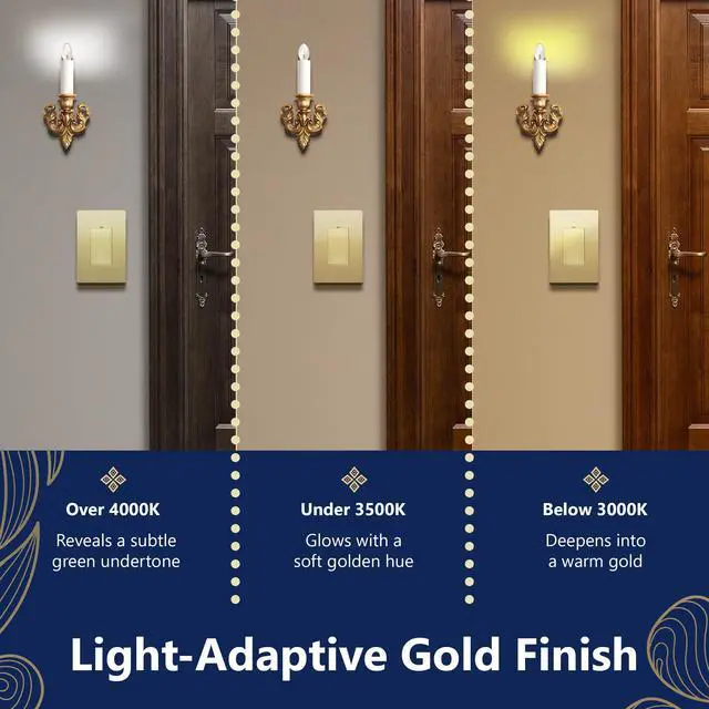 Alt view image 7 of 7 - Lighted Decorator Switch, Frameless Paddle Light Switch, 15A | Locator Light, UL Listed, Matte Gold, Grounding Screw, Polycarbonate Thermoplastic, Guide Light