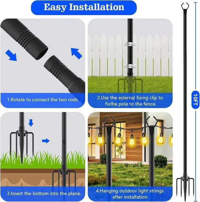 Alt view image 7 of 7 - 4 Pack String Light Poles,10 Ft Metal Poles with Fork for Outdoor String Lights,Outdoor Light Poles with Fork,Poles/Post/Stand for Outside,Patio,Deck,Backyard,Garden Wedding,Party