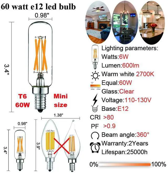 Alt view image 5 of 7 - E12 T6 Candelabra Light Bulbs 60 Watt,Dimmable,Warm White 2700K | 6W=60W,600lm,AC120V,360°,ETL,No flicker,E12 LED bulb,T25 bulb for Chandelier light bulbs,Ceiling Fan bulb,Wall sconces,6Pack