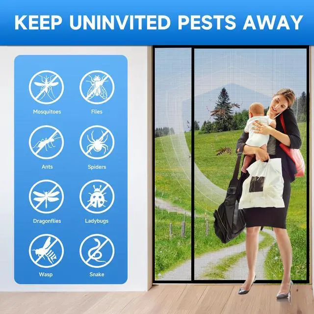 Alt view image 6 of 7 - Magnetic Screen Door Mesh Left Right Side Opening Upgraded PET Material Mesh Stronger Than Fiberglass and Polyester,Keep Bugs Out,Pet & Kid Friendly Screen Size 74'' X 82''
