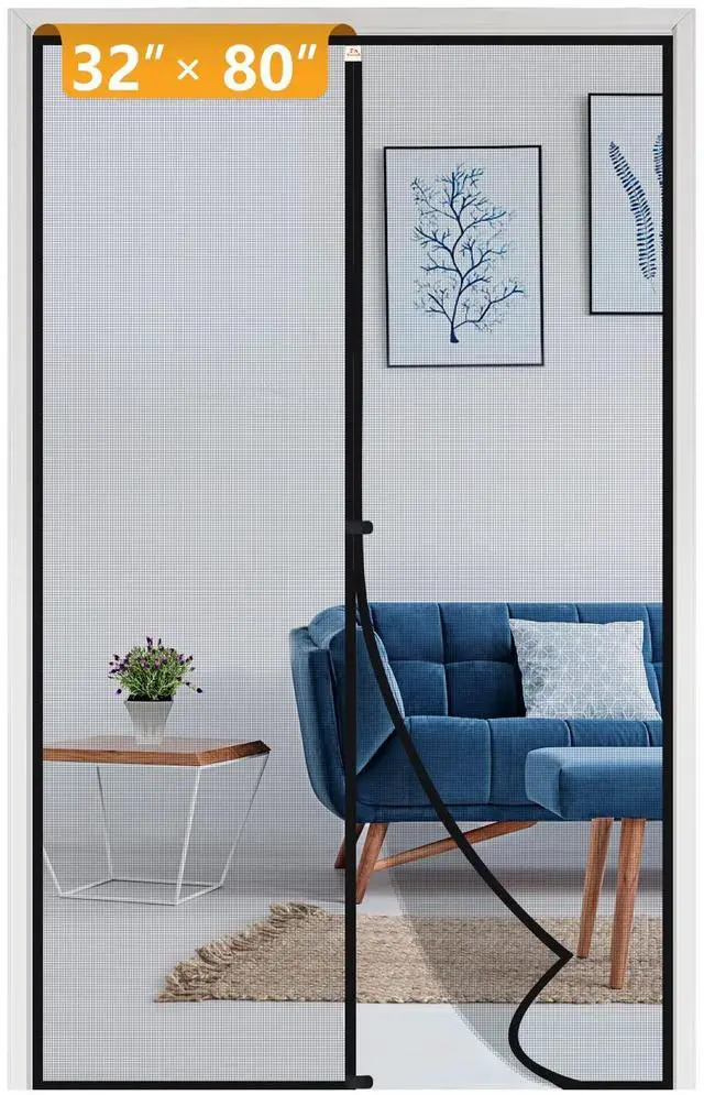 Main image of Magnetic Screen Door, for 32x80 Doors, Black | Screen Size 34"x81", High-Density Fiberglass Mesh, Powerful Magnets & Windproof Hasp, For Front/Back Patio Doors