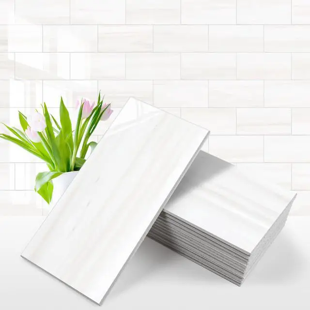 Main image of 100-Piece Glossy Dolomite White Peel and Stick Backsplash Tile,3''x6'' PVC Subway Tile with White Grout, Stick on Backsplash for Kitchen/Bathroom/Fireplace