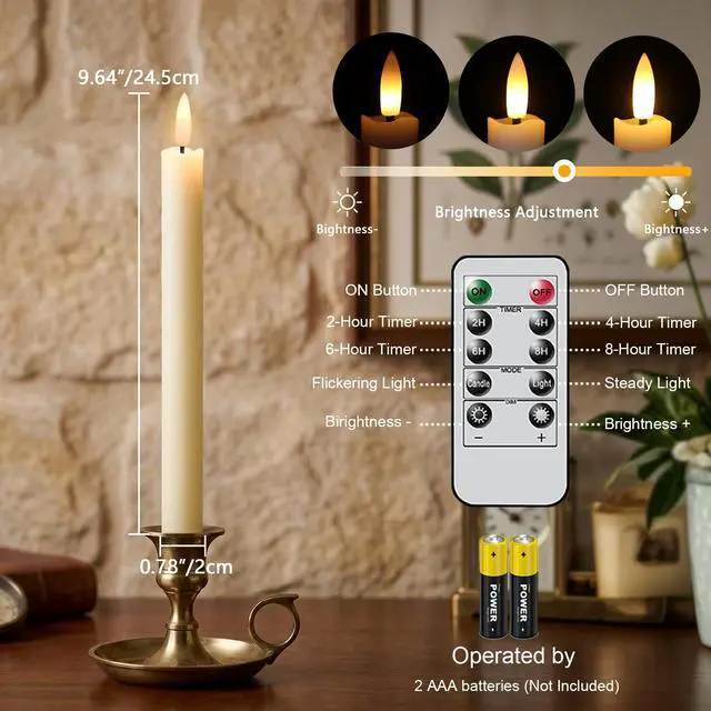 Alt view image 2 of 7 - Flameless Taper Candles LED Battery Operated Remote Timer Ivory | LED Candlesticks, Real Wax, Christmas Wedding Party Home Decor, 6 Pack, 0.78 x 9.64 In