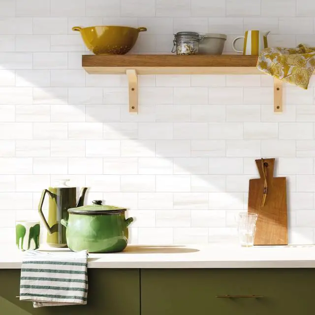 Alt view image 3 of 7 - 100-Piece Glossy Dolomite White Peel and Stick Backsplash Tile,3''x6'' PVC Subway Tile with White Grout, Stick on Backsplash for Kitchen/Bathroom/Fireplace