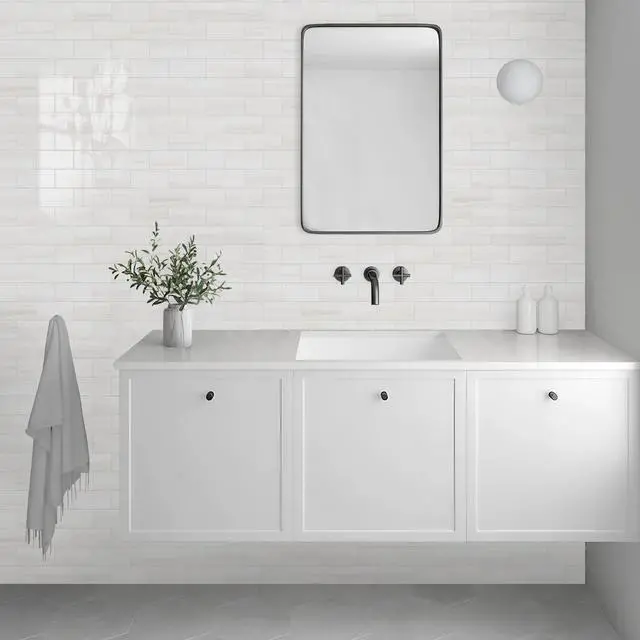 Alt view image 5 of 7 - 100-Piece Glossy Dolomite White Peel and Stick Backsplash Tile,3''x6'' PVC Subway Tile with White Grout, Stick on Backsplash for Kitchen/Bathroom/Fireplace