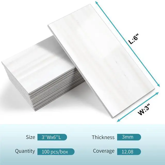 Alt view image 6 of 7 - 100-Piece Glossy Dolomite White Peel and Stick Backsplash Tile,3''x6'' PVC Subway Tile with White Grout, Stick on Backsplash for Kitchen/Bathroom/Fireplace