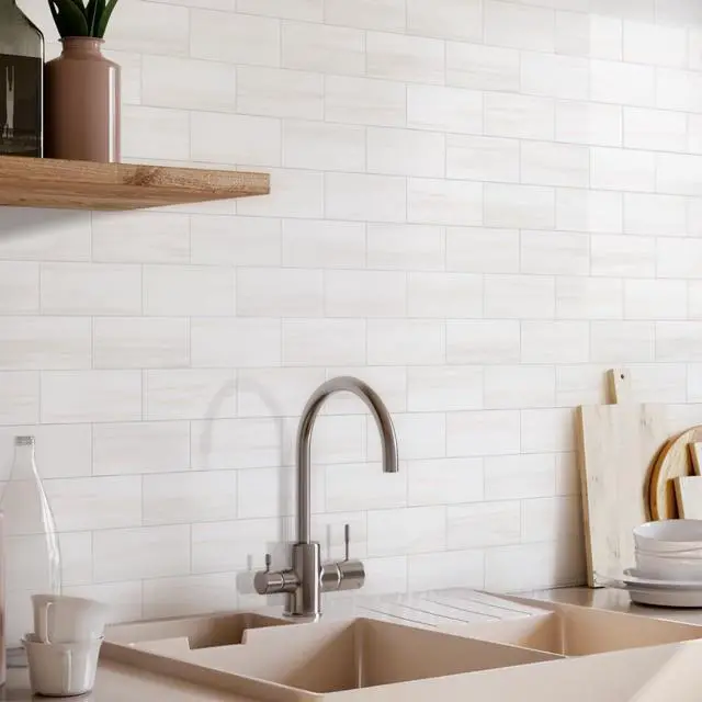 Alt view image 7 of 7 - 100-Piece Glossy Dolomite White Peel and Stick Backsplash Tile,3''x6'' PVC Subway Tile with White Grout, Stick on Backsplash for Kitchen/Bathroom/Fireplace