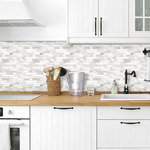 Alt view image 2 of 7 - Thicker Design Peel and Stick, Self Adhesive Stick On Tile Backsplash for Kitchen and Bathroom, Beige & White, 12×12, 10 Sheets