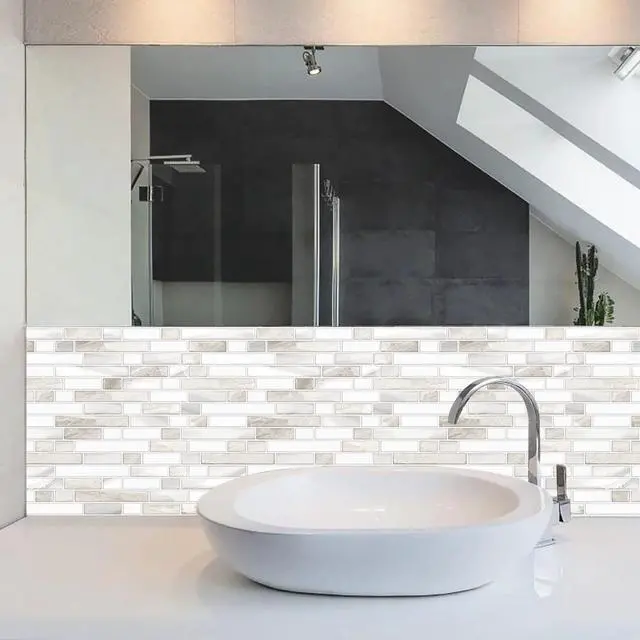 Alt view image 4 of 7 - Thicker Design Peel and Stick, Self Adhesive Stick On Tile Backsplash for Kitchen and Bathroom, Beige & White, 12×12, 10 Sheets