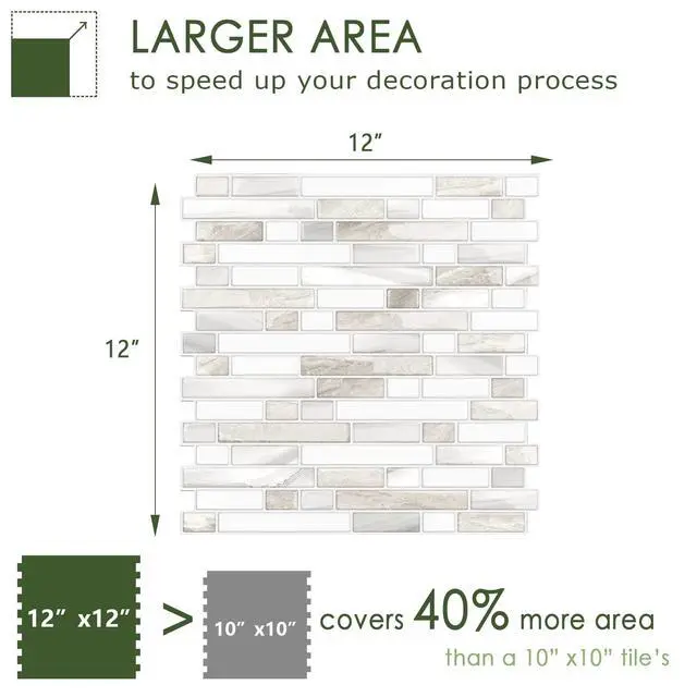 Alt view image 5 of 7 - Thicker Design Peel and Stick, Self Adhesive Stick On Tile Backsplash for Kitchen and Bathroom, Beige & White, 12×12, 10 Sheets