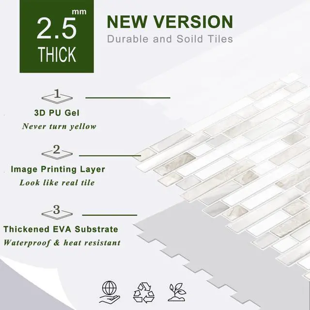 Alt view image 6 of 7 - Thicker Design Peel and Stick, Self Adhesive Stick On Tile Backsplash for Kitchen and Bathroom, Beige & White, 12×12, 10 Sheets