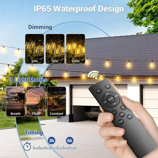 Alt view image 2 of 7 - 100FT Solar String Lights Outdoor Waterproof, 35+1 LED Solar Powered Lights with Remote Control, 3 Light Modes & Dimmable, USB-C Charging for Patio, Backyard, Garden, Camping