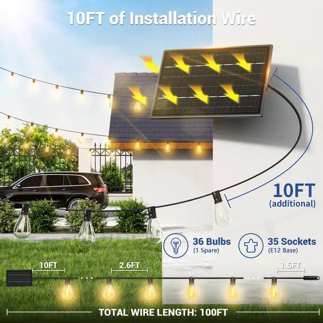 Alt view image 6 of 7 - 100FT Solar String Lights Outdoor Waterproof, 35+1 LED Solar Powered Lights with Remote Control, 3 Light Modes & Dimmable, USB-C Charging for Patio, Backyard, Garden, Camping