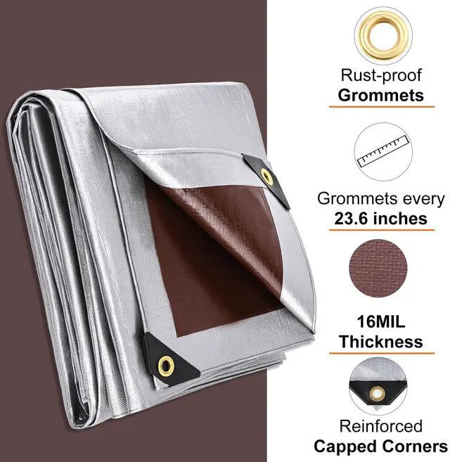Alt view image 2 of 7 - Large Tarp 10x20 FT 16 Mil Heavy Duty Waterproof Tarps Silver | 420D Thick Plastic Tarp Brass Grommets Every 23.6", UV Resistant, Tear & Fade Resistant, Reinforced Edges for Pool & Tent Use