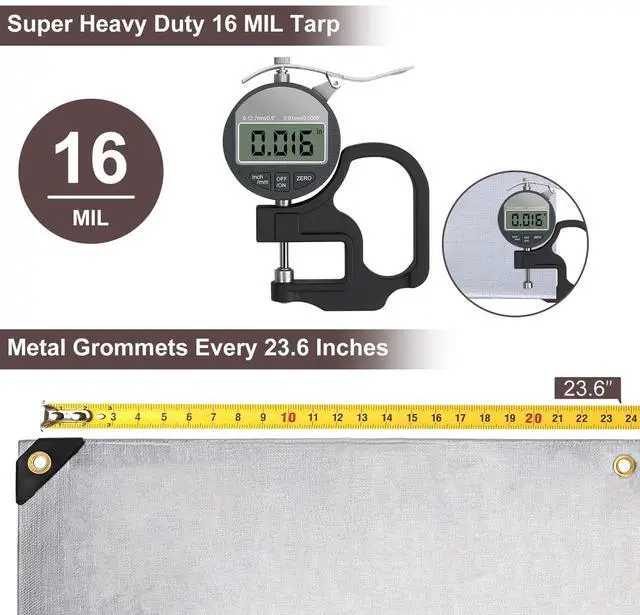 Alt view image 3 of 7 - Large Tarp 10x20 FT 16 Mil Heavy Duty Waterproof Tarps Silver | 420D Thick Plastic Tarp Brass Grommets Every 23.6", UV Resistant, Tear & Fade Resistant, Reinforced Edges for Pool & Tent Use